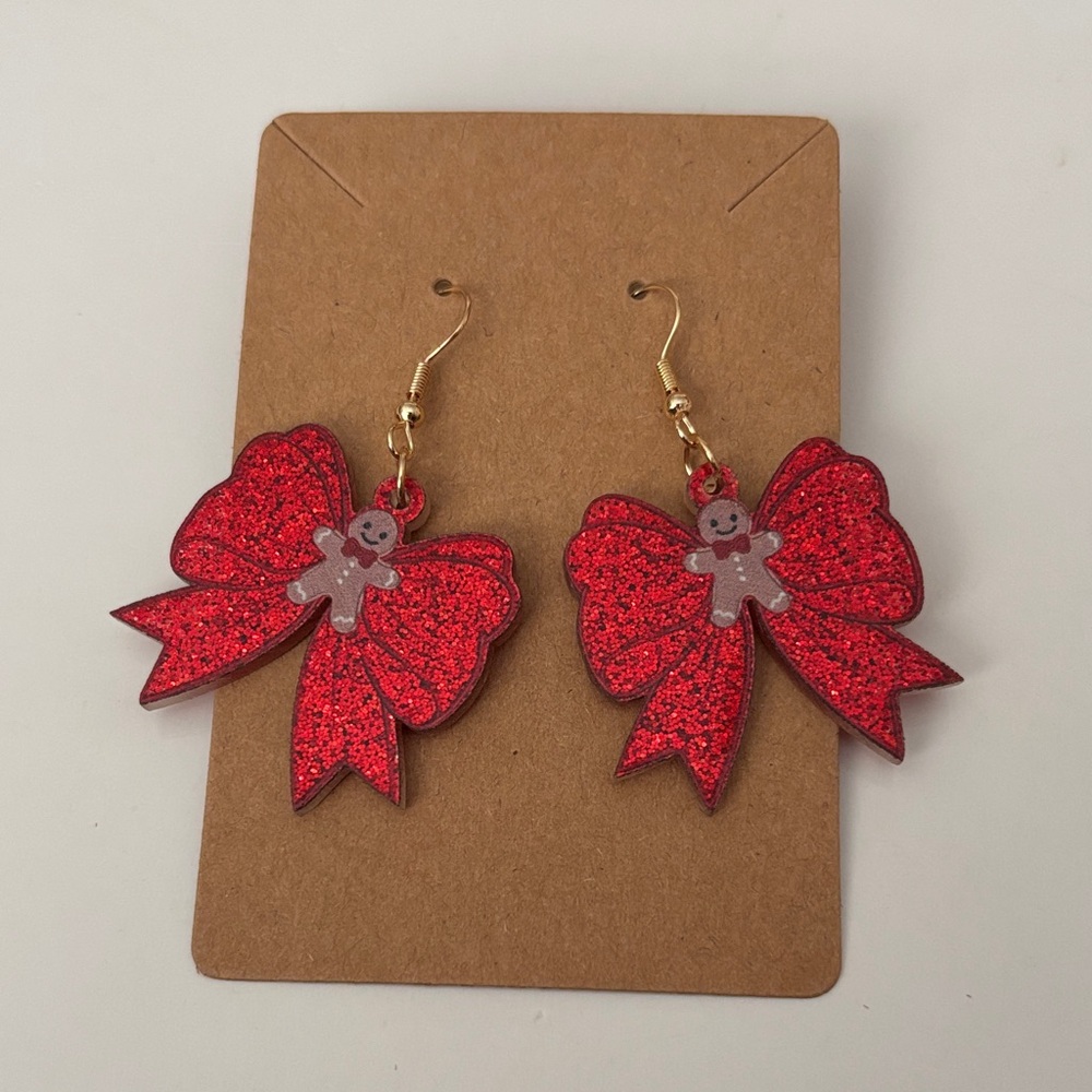 Fashion Jewelry Red Glitter Bow Earrings with Gingerbread Charm